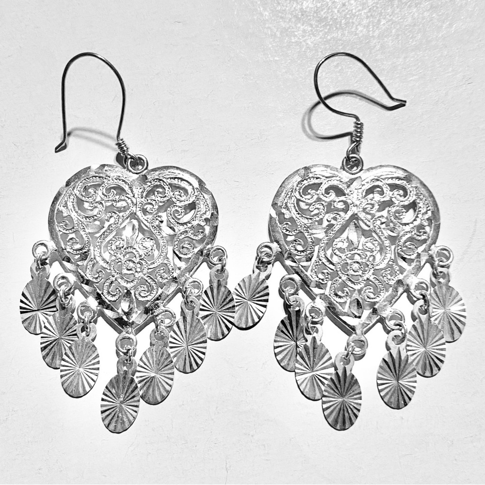 Sterling Silver Heart Chandelier Dangle Earrings